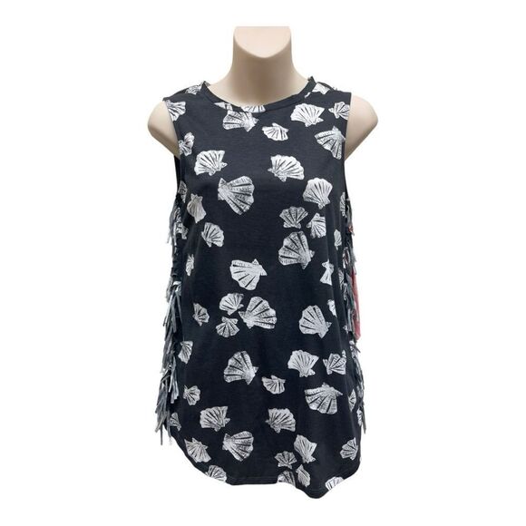 NWT Billabong Women's Black White Seashell Fringe Tank Top Size M Beach Surf - Picture 1 of 6